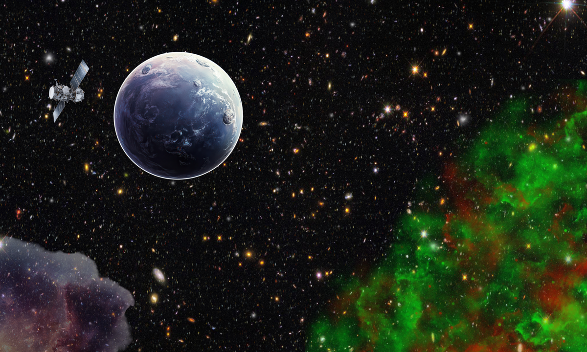 Colorful space scene with a planet and a satellite