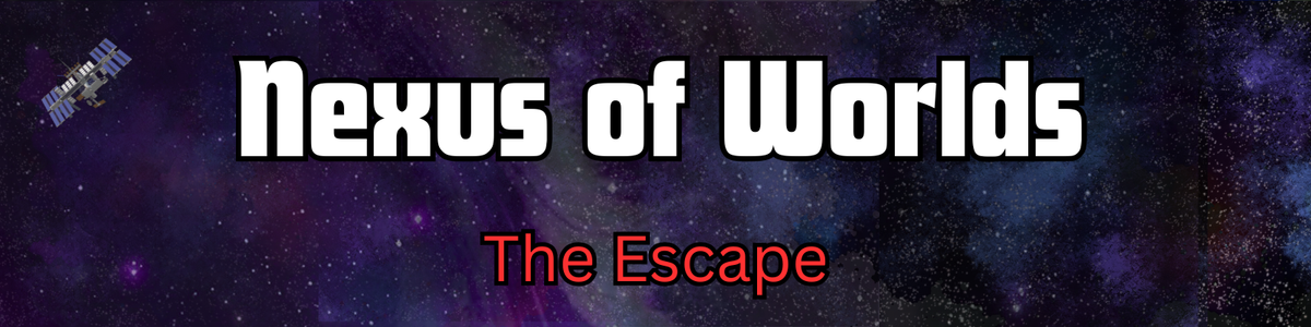 Colorful space image with a satellite with the text: Nexus of Worlds, the Escape