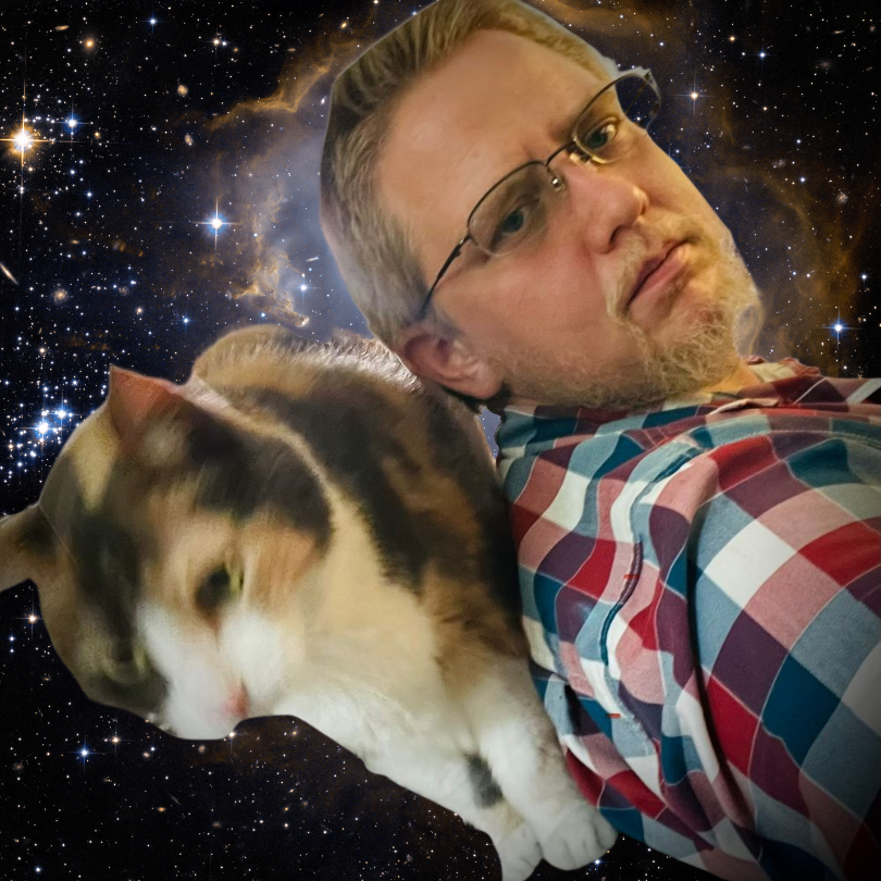The author, Nicholas, in a checkered shirt, with his calico cat, BabyPurrPurr, with a space background.