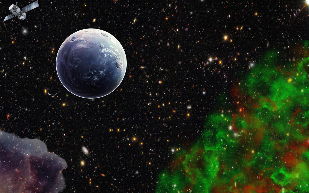 Colorful space scene with green and purple nebulas, a planet, and a satellite.